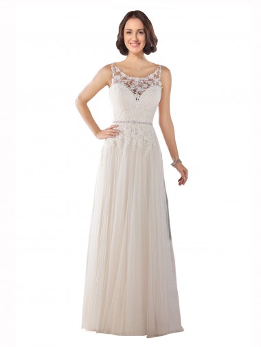 A-Line Illusion Neck Tulle Sweep Train Ivory & Champagne Boho Wedding Dress Belfast