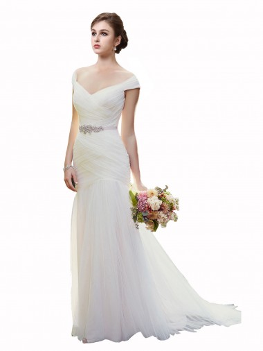 Mermaid Off the Shoulder Tulle Chapel Train Ivory Beach Wedding Dress Belfast