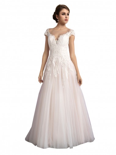 A-Line Illusion Neck Tulle & Lace Cathedral Train Ivory & Champagne Beach Wedding Dress Belfast
