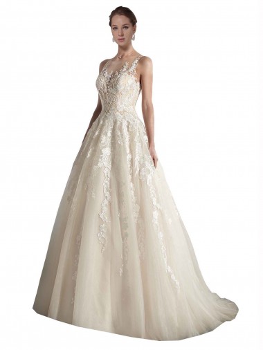 A-Line Illusion Neck Tulle Chapel Train Ivory & Champagne Wedding Dress Belfast