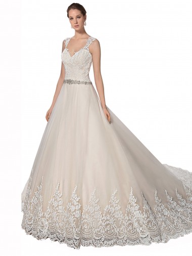 A-Line Sweetheart Tulle & Lace Chapel Train Ivory & Champagne Wedding Dress Belfast