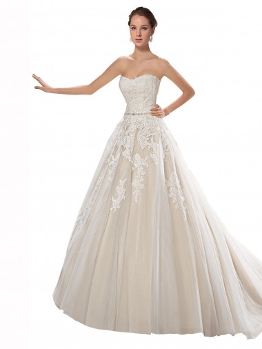 A-Line Strapless Tulle & Lace Chapel Train Ivory & Champagne Wedding Dress Belfast