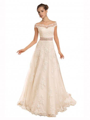 A-Line Off the Shoulder Lace Chapel Train Ivory Beach Wedding Dress Belfast