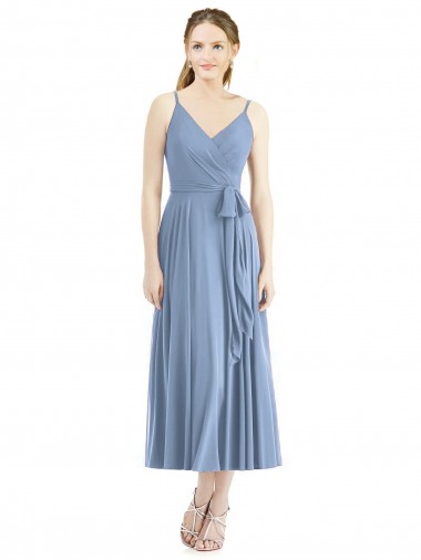 A-Line Spaghetti Straps Soft Chiffon Tea Length Dusty Blue Bridesmaid Dress Belfast