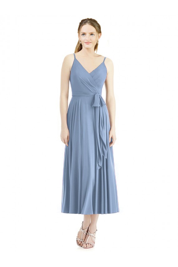 A-Line Spaghetti Straps Soft Chiffon Tea Length Dusty Blue Bridesmaid Dress Belfast
