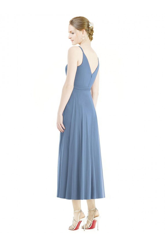 A-Line Spaghetti Straps Soft Chiffon Tea Length Dusty Blue Bridesmaid Dress Belfast