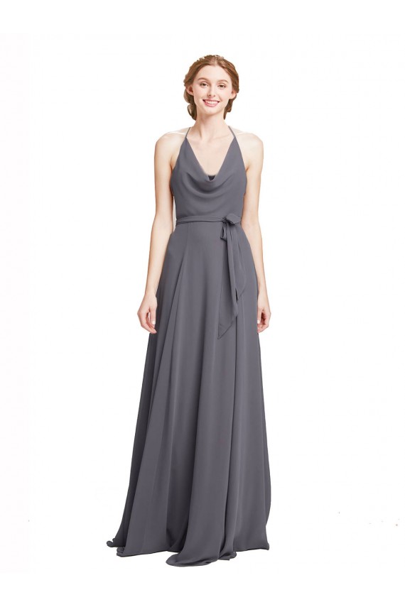 A-Line Halter Neck Soft Chiffon Long Slate Grey Bridesmaid Dress Belfast