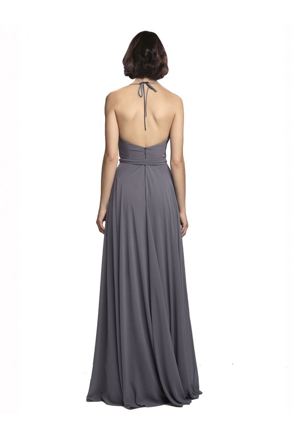 A-Line Halter Neck Soft Chiffon Long Slate Grey Bridesmaid Dress Belfast