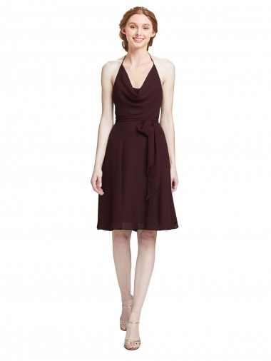 A-Line Halter Neck Soft Chiffon Knee Length Burgundy Gold Bridesmaid Dress Belfast