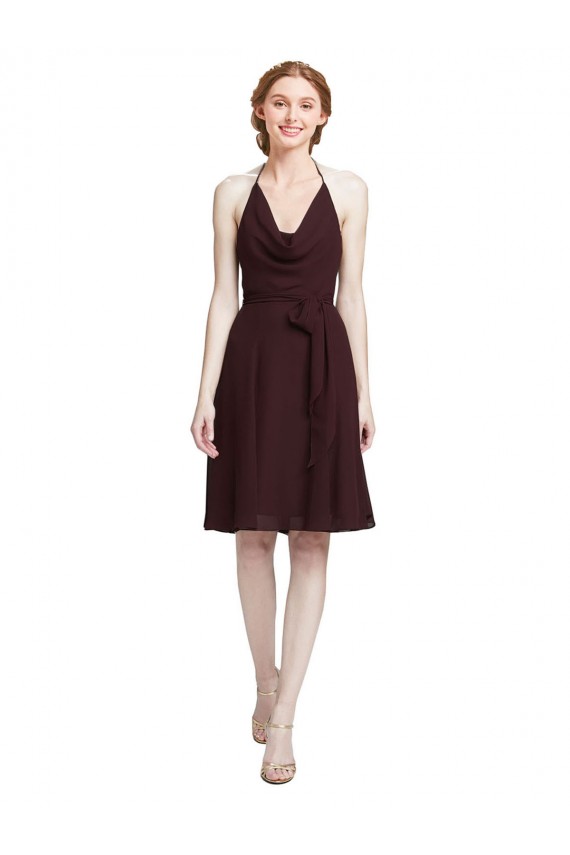 A-Line Halter Neck Soft Chiffon Knee Length Burgundy Gold Bridesmaid Dress Belfast