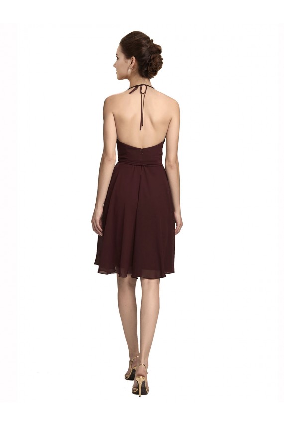 A-Line Halter Neck Soft Chiffon Knee Length Burgundy Gold Bridesmaid Dress Belfast