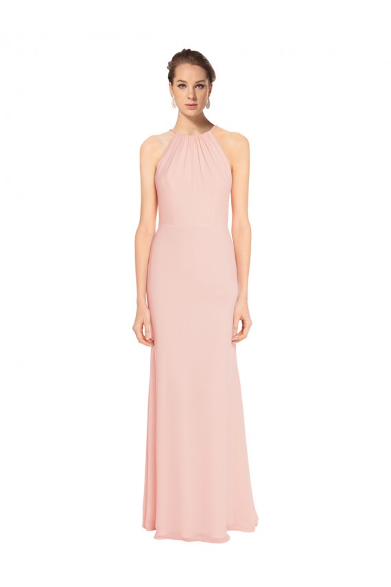 A-Line Halter Neck Soft Chiffon Long Pink Bridesmaid Dress Belfast