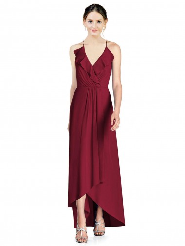 A-Line V-Neck Soft Chiffon Long Burgundy High Low Bridesmaid Dress Belfast