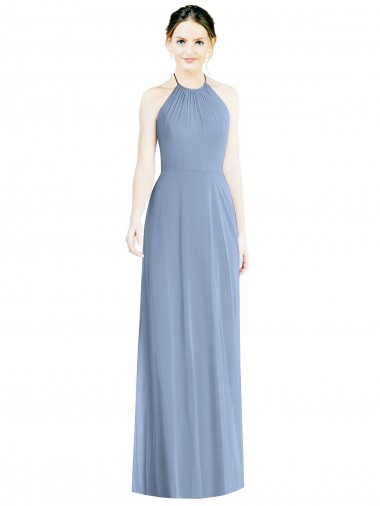 A-Line Halter Neck Chiffon Long Floor Length Dusty Blue Bridesmaid Dress Belfast