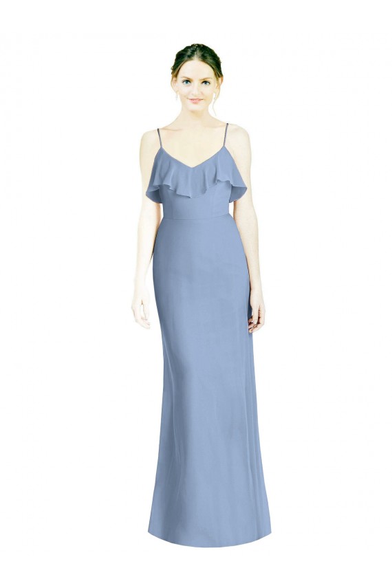 A-Line V-Neck Soft Chiffon Long Dusty Blue Bridesmaid Dresses Belfast