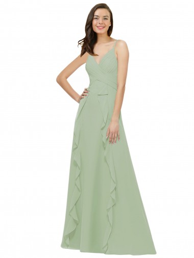 A-Line V-Neck Soft Chiffon Long Smoke Green Bridesmaid Dress Belfast