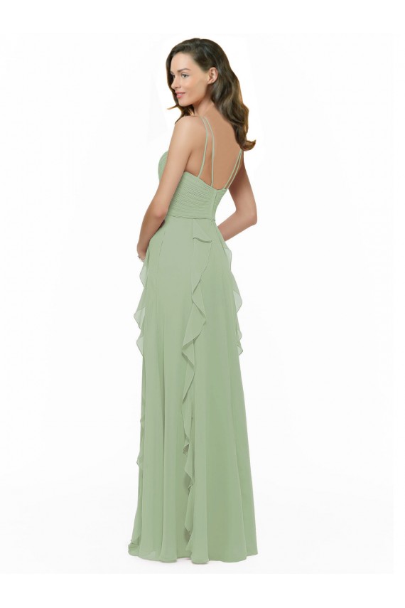 A-Line V-Neck Soft Chiffon Long Smoke Green Bridesmaid Dress Belfast
