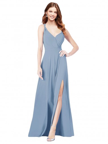 A-Line V-Neck Soft Chiffon Long Dusty Blue Formal Dress / Bridesmaid Dress Belfast