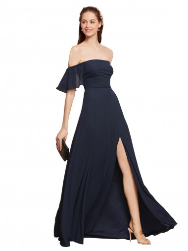 A-Line Off the Shoulder Soft Chiffon Long Dark Navy Prom Dress / Bridesmaid Dress Belfast