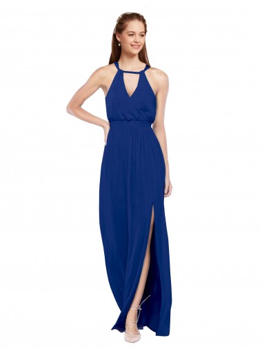 A-Line High Neck Soft Chiffon Long Royal Blue Bridesmaid Dress Belfast