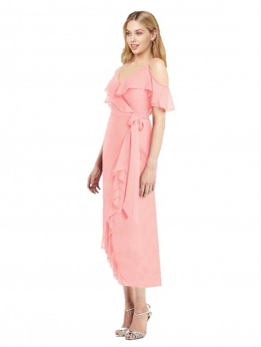 Trumpet V-Neck Soft Chiffon Cocktail Length Salmon High Low Bridesmaid Dress Belfast