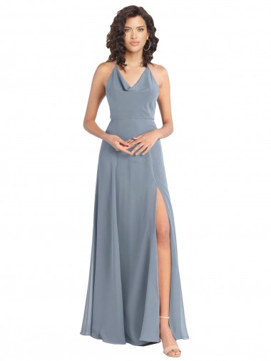 A-Line Cowl Neck Soft Chiffon Long Dusty Blue Bridesmaid Dress Belfast
