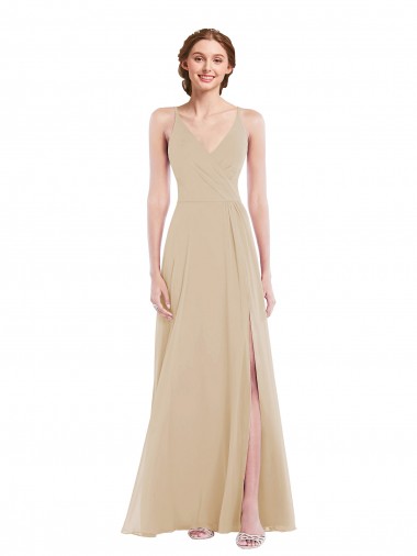 A-Line V-Neck Soft Chiffon Long Champagne Semi Formal Evening Dress / Bridesmaid Dress Belfast