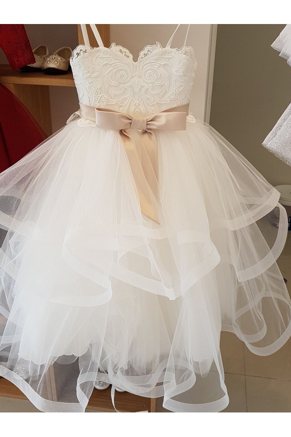 Ball Gown High Neck Tulle & Lace Long Ivory Flower Girl Wedding Dress Belfast