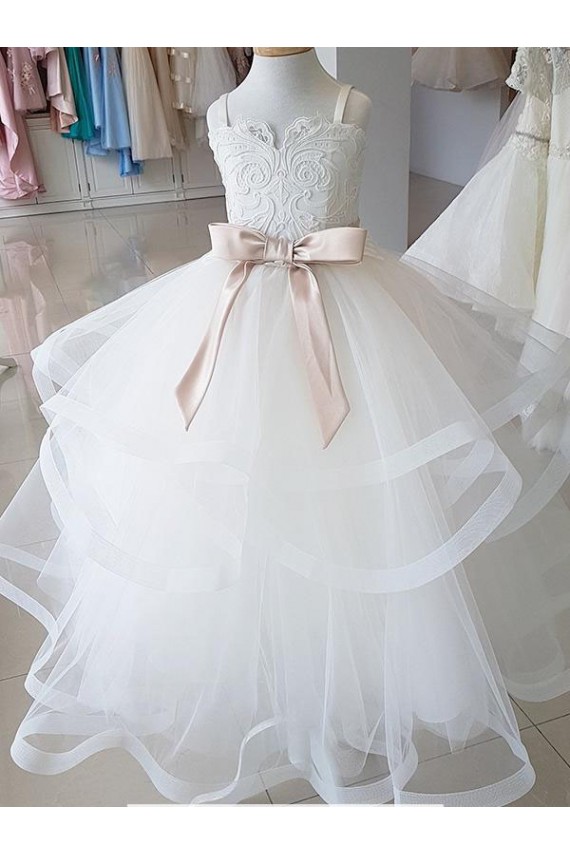 Ball Gown High Neck Tulle & Lace Long Ivory Flower Girl Wedding Dress Belfast