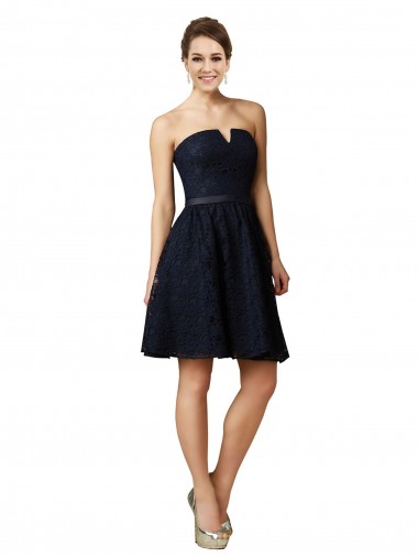 A-Line V-Neck Lace Knee Length Dark Navy Bridesmaid Dress Belfast
