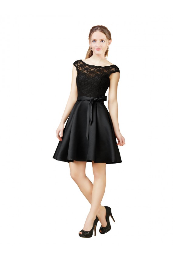 A-Line Illusion Neck Satin & Lace Knee Length Black Bridesmaid Dress Belfast