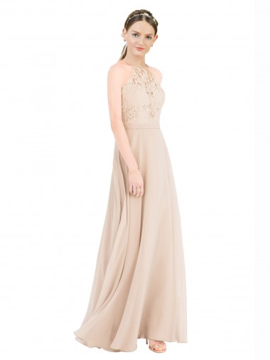 A-Line High Neck Soft Chiffon & Lace Long Champagne Prom Dress / Bridesmaid Dress Belfast