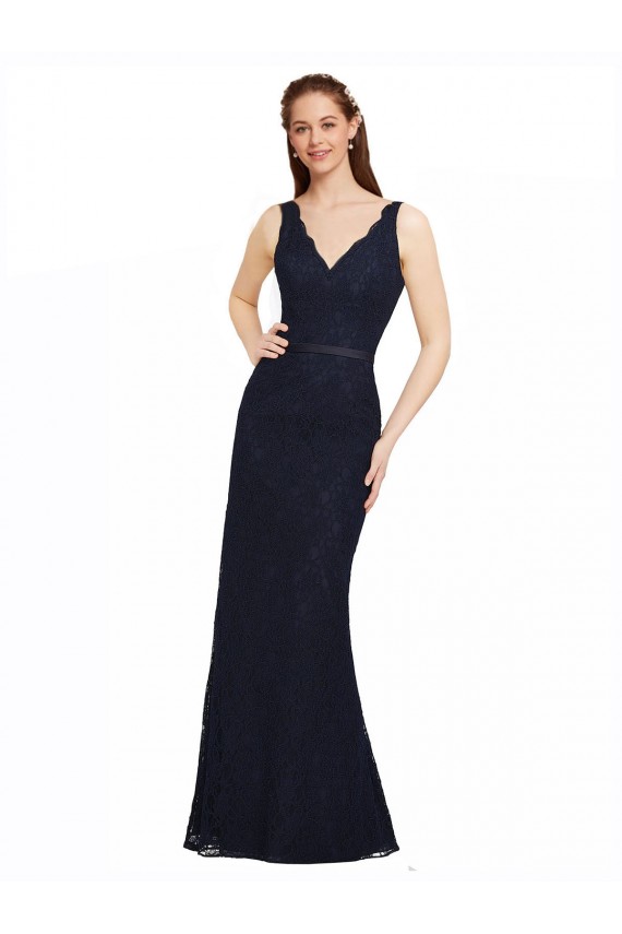 Sheath V-Neck Lace Long Dark Navy Bridesmaid Dress Belfast
