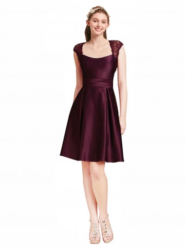 A-Line Square Neck Satin & Lace Knee Length Grape Bridesmaid Dress Belfast