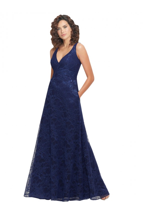 A-Line V-Neck Lace Long Dark Navy Bridesmaid Dress Belfast
