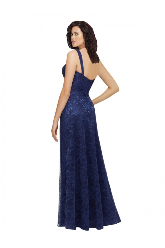 A-Line V-Neck Lace Long Dark Navy Bridesmaid Dress Belfast