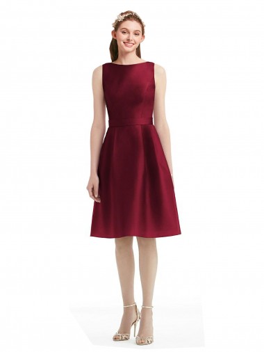 A-Line Bateau Neck Satin Knee Length Burgundy Bridesmaid Dress Belfast