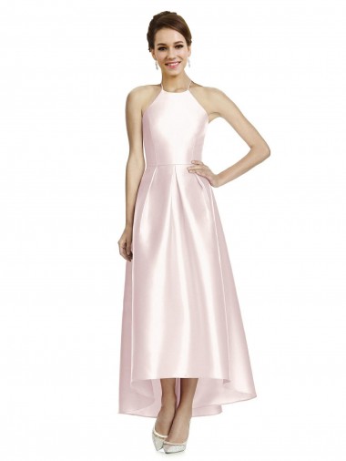 A-Line Halter Neck Satin Long Pink High Low Bridesmaid Dress Belfast