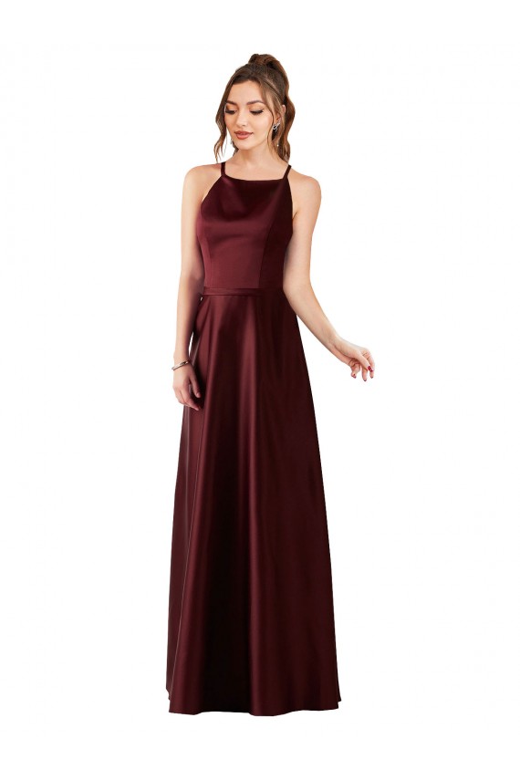 A-Line Halter Neck Satin Long Burgundy Gold Prom Dress / Bridesmaid Dress Belfast