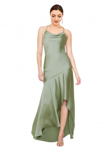 A-Line Cowl Neck Silk like Satin Long Smoke Green High Low Evening Gown / Prom Dress / Bridesmaid Dress Belfast
