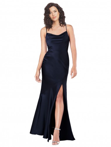 A-Line Cowl Neck Silk like Satin Long Dark Navy Black Tie Evening Gown / Prom Dress / Bridesmaid Dress Belfast