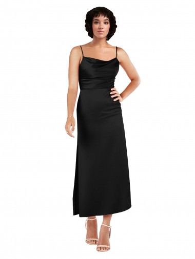 A-Line Cowl Neck Silk like Satin Tea Length Black Formal Evening Gown / Prom Dress / Bridesmaid Dress Belfast