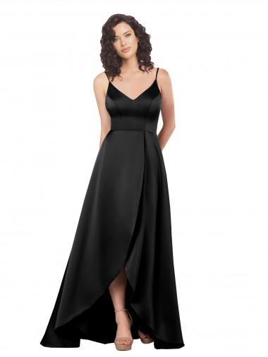 A-Line V-Neck Silk like Satin Long Black High Low Evening Gown / Prom Dress / Bridesmaid Dress Belfast