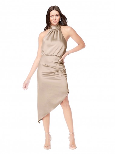 A-Line Halter Neck Silk like Satin Midi Length Champagne Pink High Low Prom Dress / Bridesmaid Dress Belfast