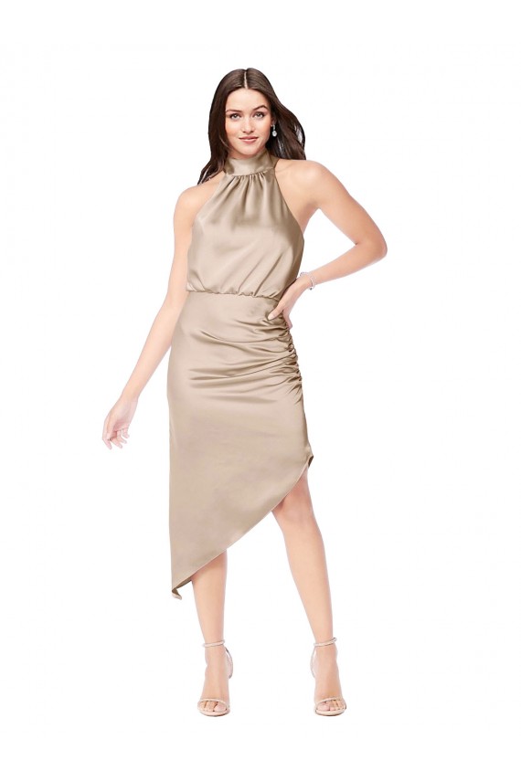 A-Line Halter Neck Silk like Satin Midi Length Champagne Pink High Low Prom Dress / Bridesmaid Dress Belfast