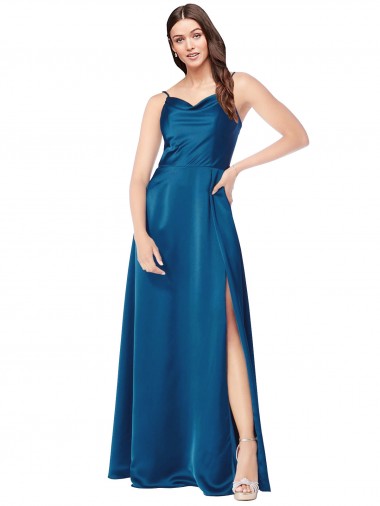 A-Line Cowl Neck Silk like Satin Long Peacock Blue Formal Evening Gown / Prom Dress / Bridesmaid Dress Belfast