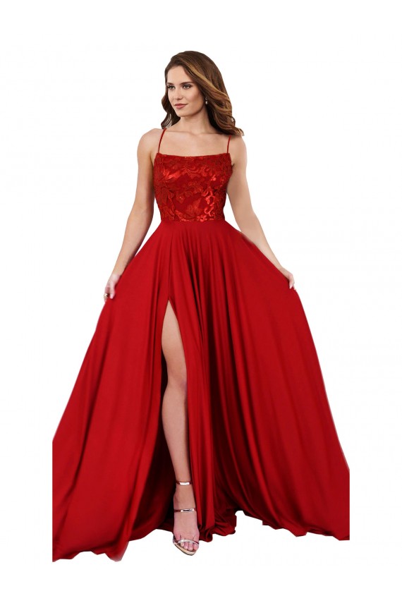 A-Line Square Neck Spandex & Lace Long Red Semi Formal Evening Dress / Prom Dress / Bridesmaid Dress Belfast