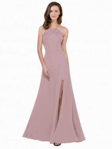 A-Line High Neck Stretch Crepe Long Dusty Pink Prom Dress / Bridesmaid Dress Belfast