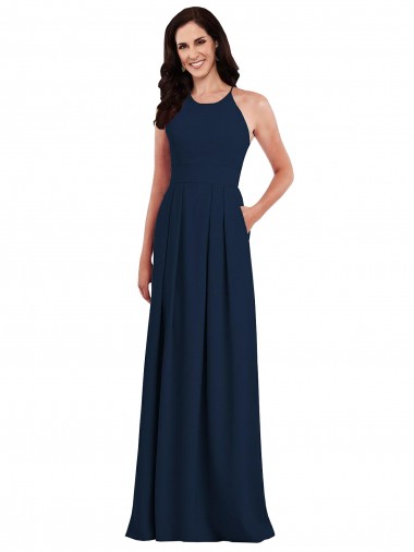 Trumpet Halter Neck Stretch Crepe Long Dark Navy Semi Formal Evening Dress / Bridesmaid Dress Belfast