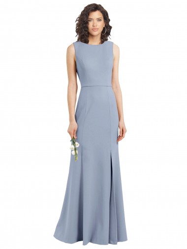 Sheath High Neck Stretch Crepe Long Smoke Blue Bridesmaid Dress Belfast